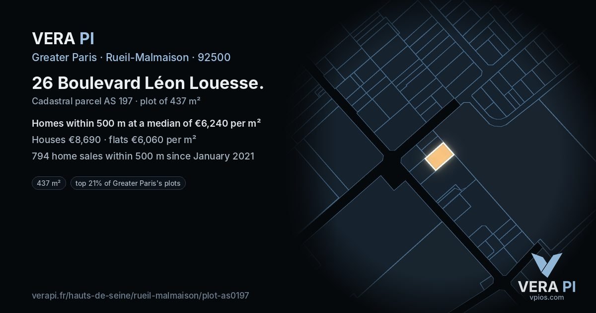 26 Boulevard Léon Louesse, Rueil-Malmaison at night – the plot lit, the parcels around coloured by the prices near them