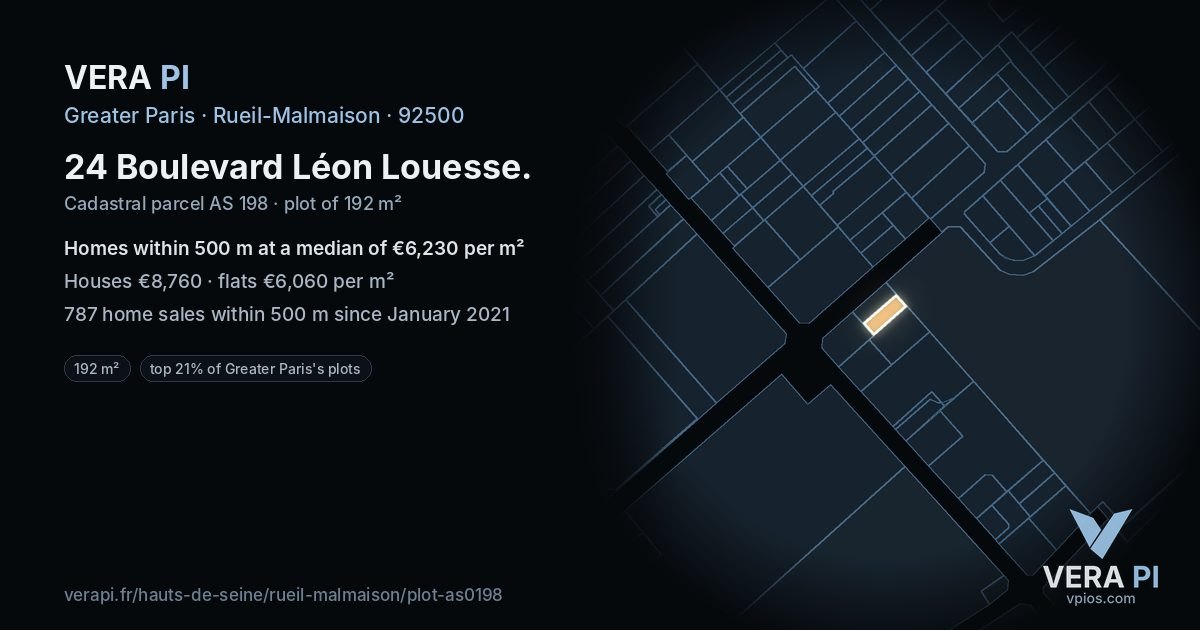 24 Boulevard Léon Louesse, Rueil-Malmaison at night – the plot lit, the parcels around coloured by the prices near them