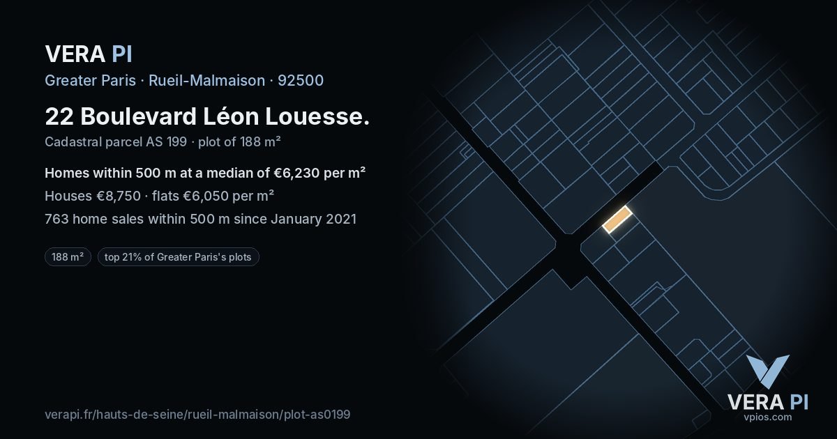 22 Boulevard Léon Louesse, Rueil-Malmaison at night – the plot lit, the parcels around coloured by the prices near them