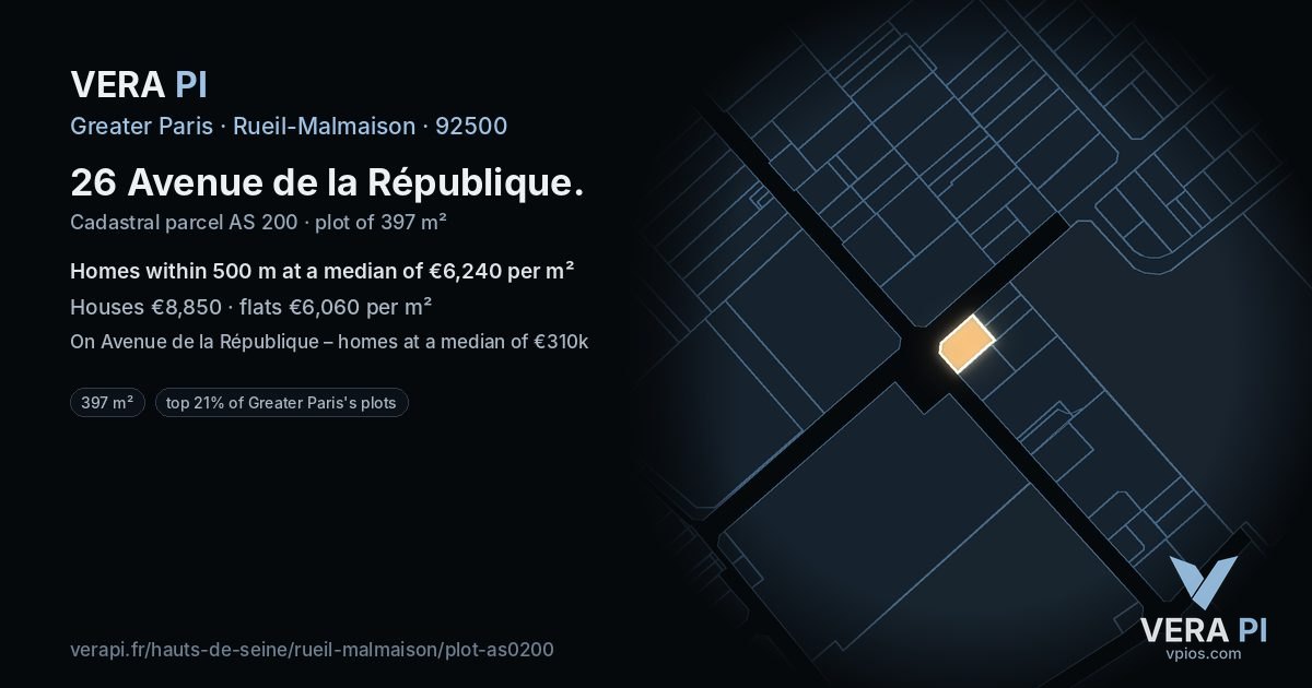 26 Avenue de la République, Rueil-Malmaison at night – the plot lit, the parcels around coloured by the prices near them