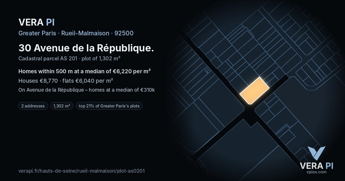 30 Avenue de la République, Rueil-Malmaison at night – the plot lit, the parcels around coloured by the prices near them