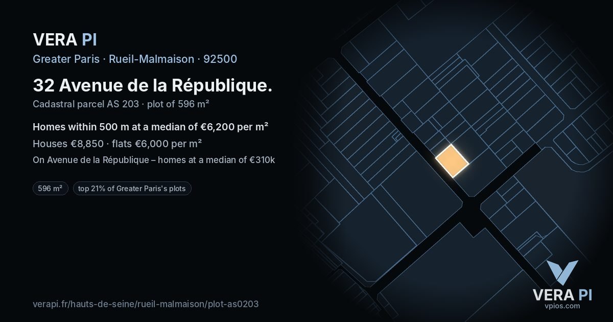 32 Avenue de la République, Rueil-Malmaison at night – the plot lit, the parcels around coloured by the prices near them