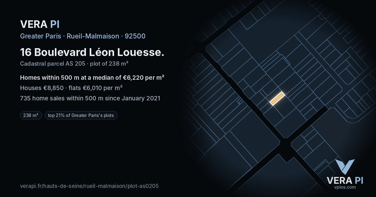 16 Boulevard Léon Louesse, Rueil-Malmaison at night – the plot lit, the parcels around coloured by the prices near them