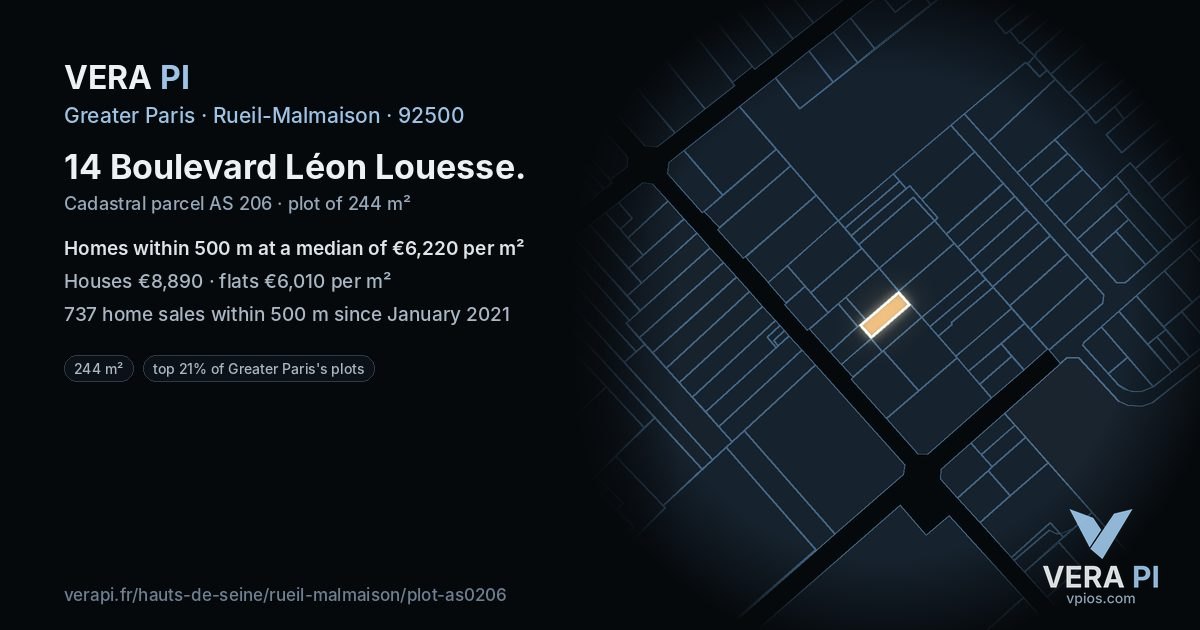 14 Boulevard Léon Louesse, Rueil-Malmaison at night – the plot lit, the parcels around coloured by the prices near them