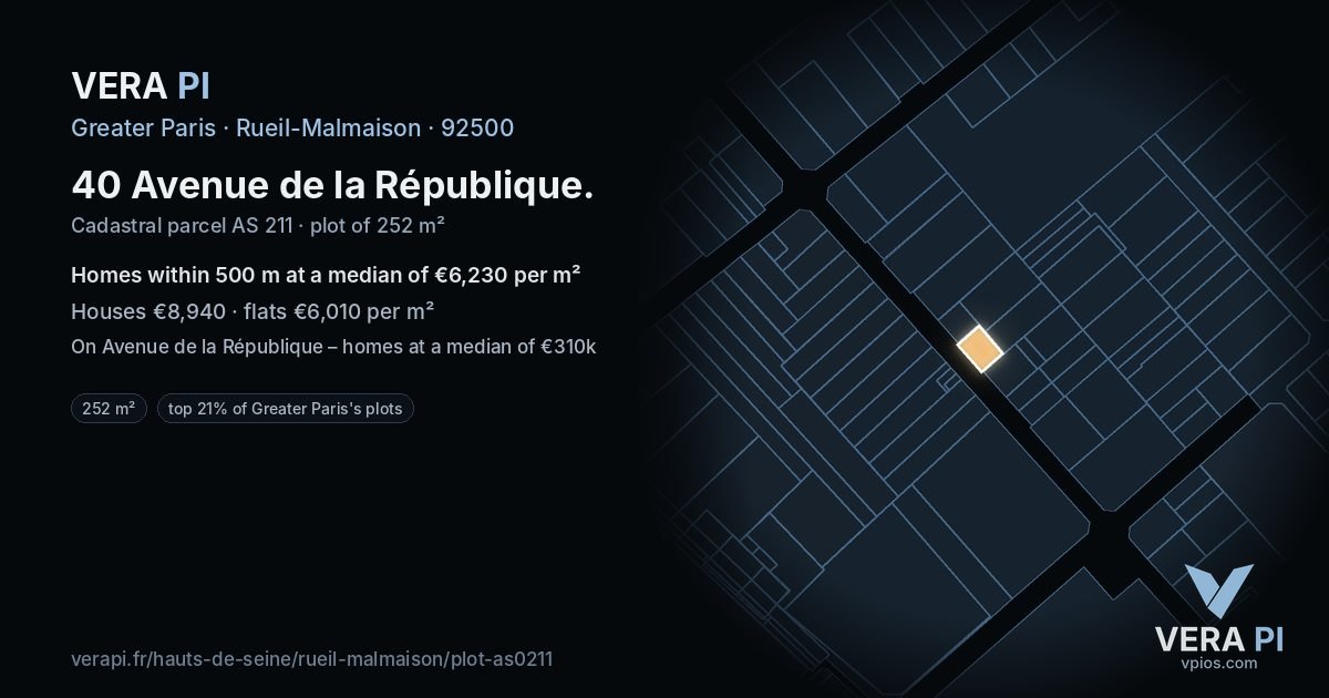40 Avenue de la République, Rueil-Malmaison at night – the plot lit, the parcels around coloured by the prices near them