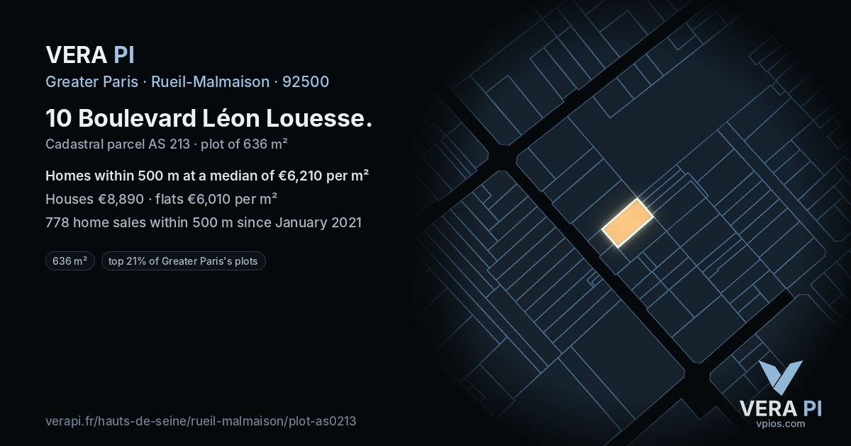 10 Boulevard Léon Louesse, Rueil-Malmaison at night – the plot lit, the parcels around coloured by the prices near them