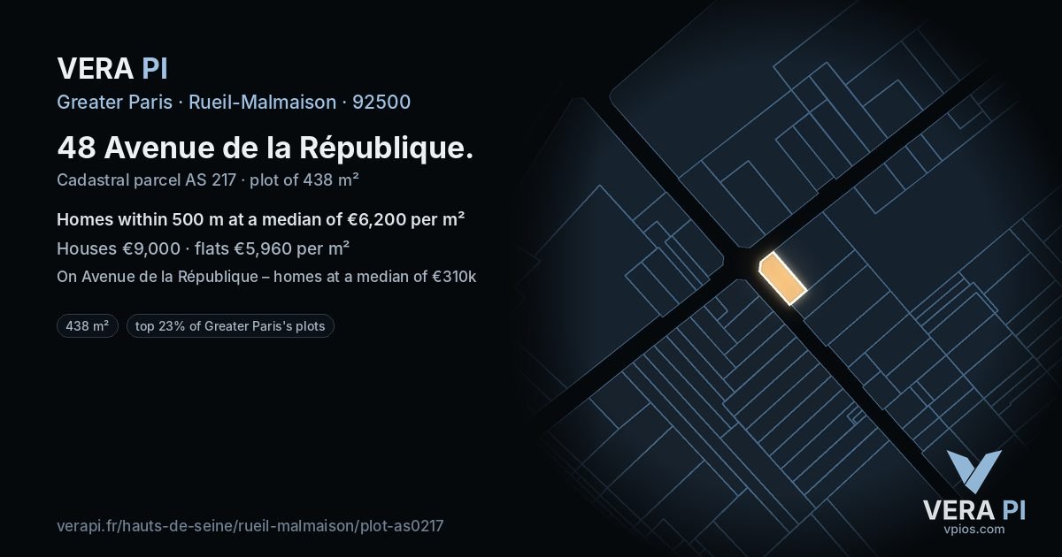 48 Avenue de la République, Rueil-Malmaison at night – the plot lit, the parcels around coloured by the prices near them