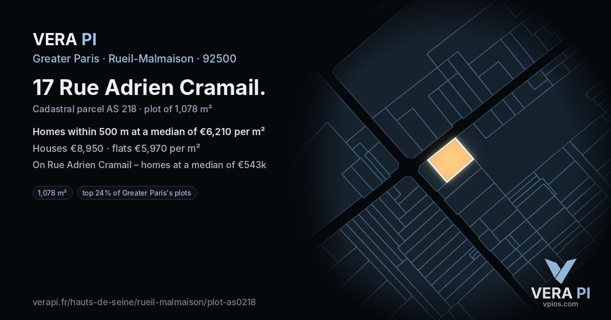 17 Rue Adrien Cramail, Rueil-Malmaison at night – the plot lit, the parcels around coloured by the prices near them