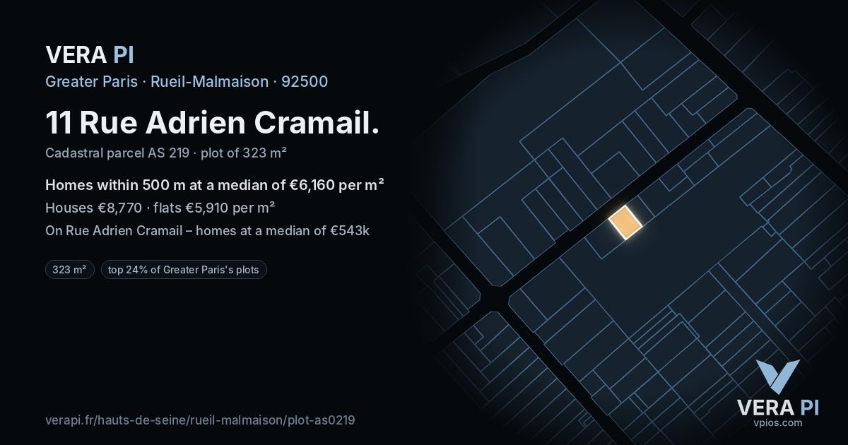 11 Rue Adrien Cramail, Rueil-Malmaison at night – the plot lit, the parcels around coloured by the prices near them