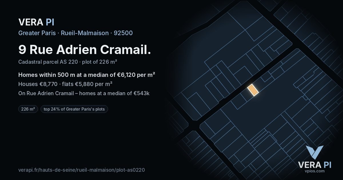 9 Rue Adrien Cramail, Rueil-Malmaison at night – the plot lit, the parcels around coloured by the prices near them