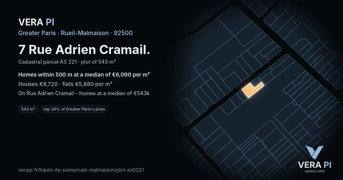 7 Rue Adrien Cramail, Rueil-Malmaison at night – the plot lit, the parcels around coloured by the prices near them