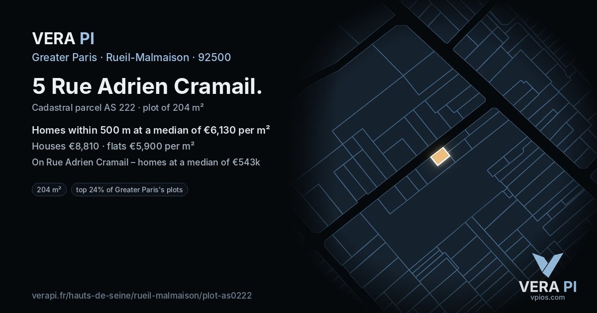 5 Rue Adrien Cramail, Rueil-Malmaison at night – the plot lit, the parcels around coloured by the prices near them