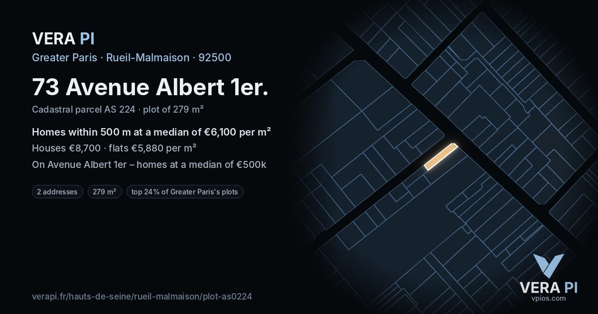 73 Avenue Albert 1er, Rueil-Malmaison at night – the plot lit, the parcels around coloured by the prices near them