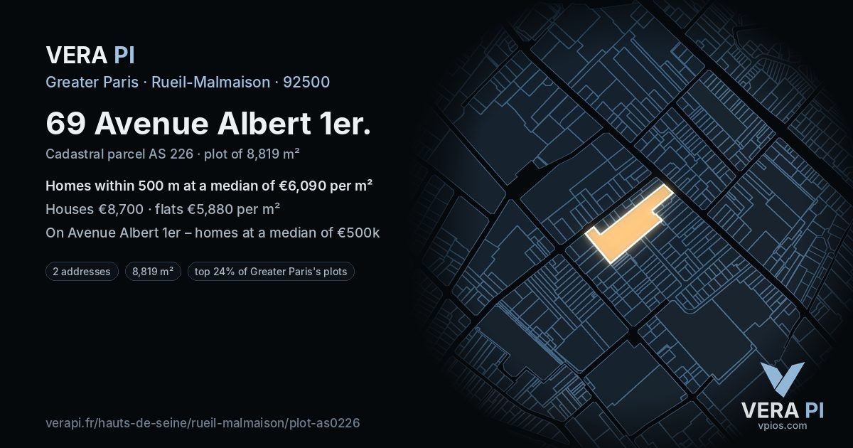 69 Avenue Albert 1er, Rueil-Malmaison at night – the plot lit, the parcels around coloured by the prices near them