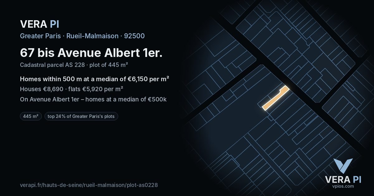 67 bis Avenue Albert 1er, Rueil-Malmaison at night – the plot lit, the parcels around coloured by the prices near them