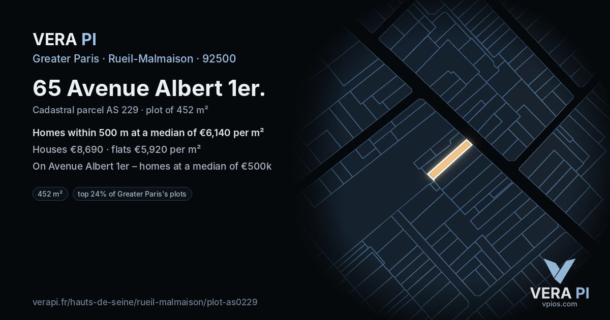 65 Avenue Albert 1er, Rueil-Malmaison at night – the plot lit, the parcels around coloured by the prices near them