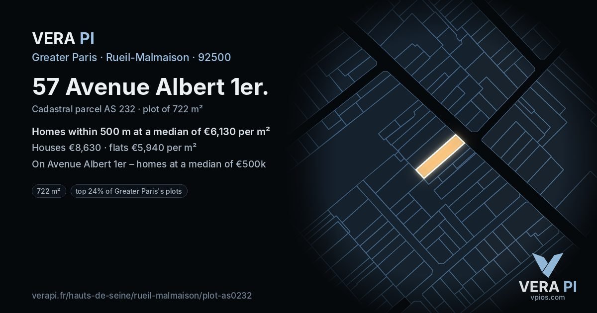 57 Avenue Albert 1er, Rueil-Malmaison at night – the plot lit, the parcels around coloured by the prices near them