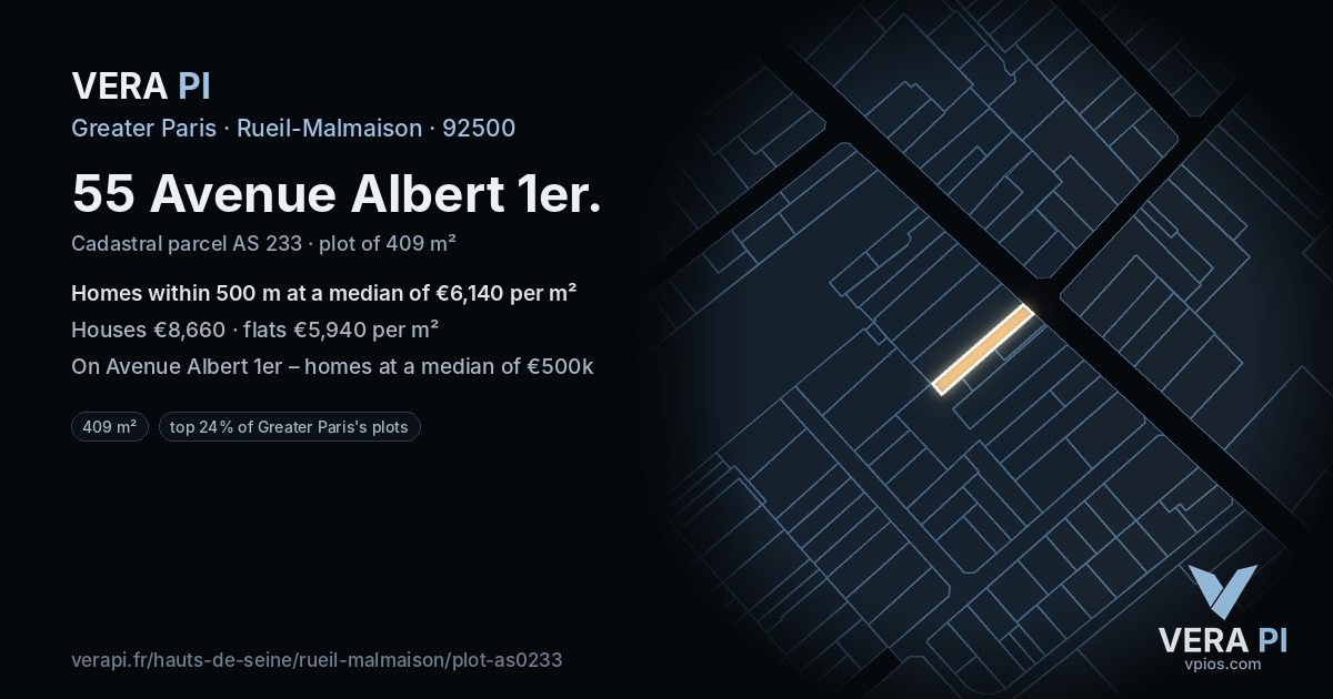 55 Avenue Albert 1er, Rueil-Malmaison at night – the plot lit, the parcels around coloured by the prices near them