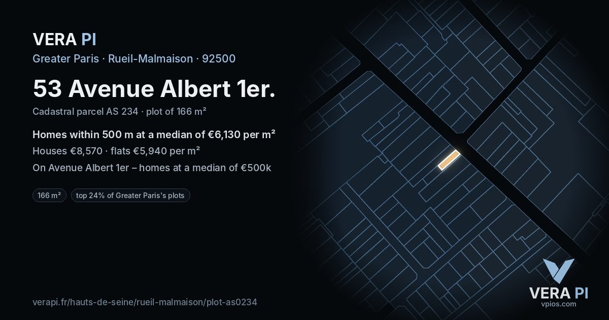 53 Avenue Albert 1er, Rueil-Malmaison at night – the plot lit, the parcels around coloured by the prices near them