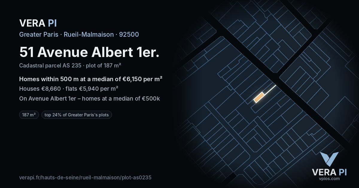 51 Avenue Albert 1er, Rueil-Malmaison at night – the plot lit, the parcels around coloured by the prices near them