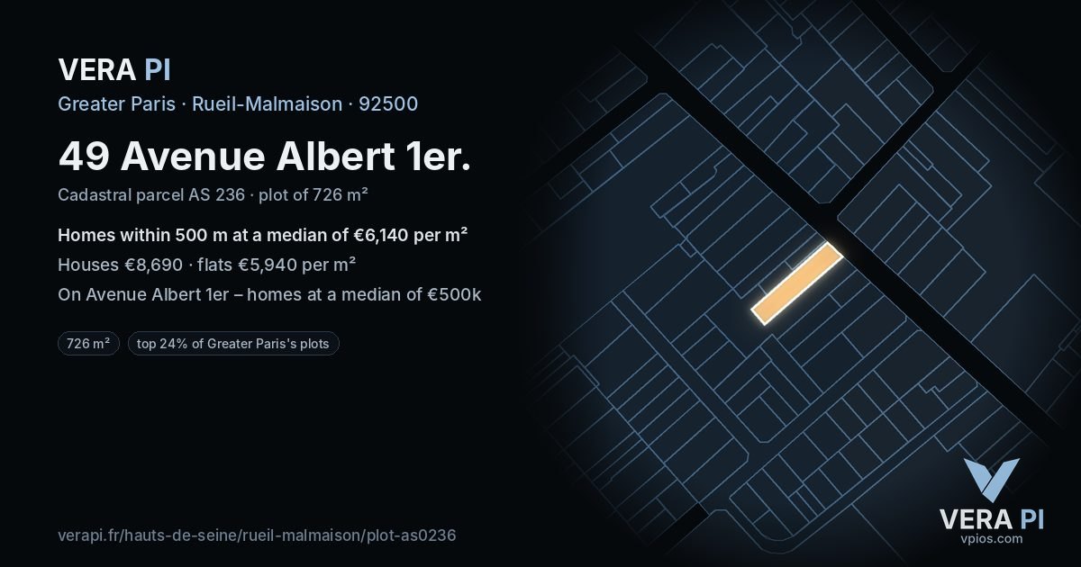 49 Avenue Albert 1er, Rueil-Malmaison at night – the plot lit, the parcels around coloured by the prices near them
