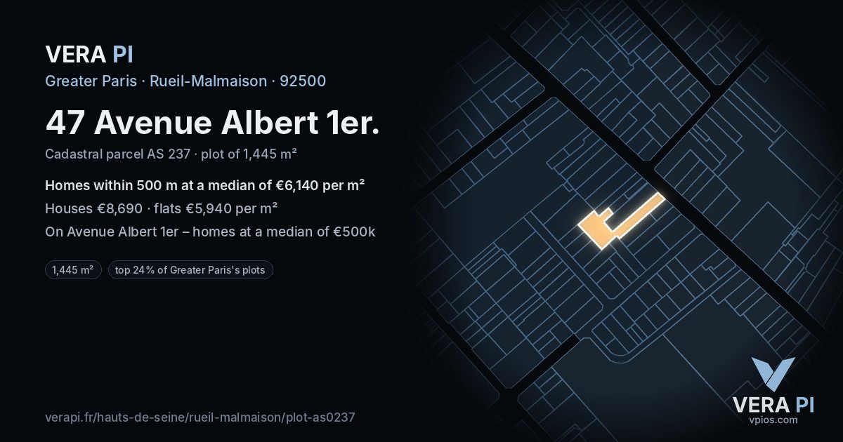 47 Avenue Albert 1er, Rueil-Malmaison at night – the plot lit, the parcels around coloured by the prices near them