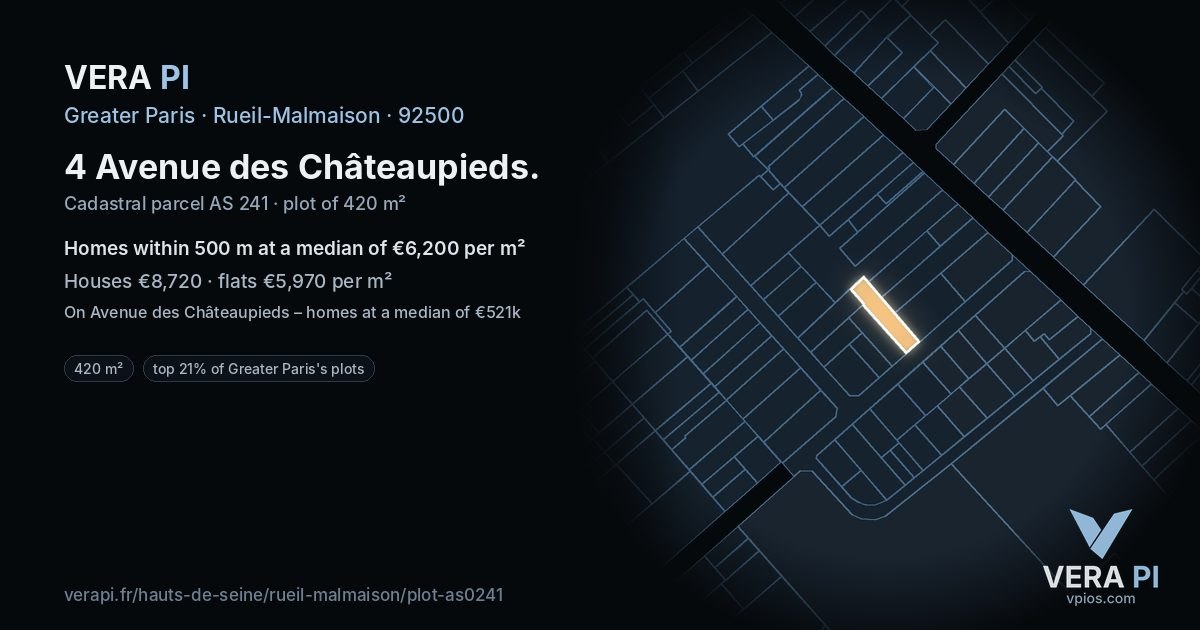4 Avenue des Châteaupieds, Rueil-Malmaison at night – the plot lit, the parcels around coloured by the prices near them