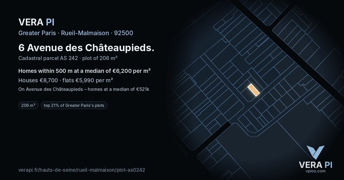 6 Avenue des Châteaupieds, Rueil-Malmaison at night – the plot lit, the parcels around coloured by the prices near them