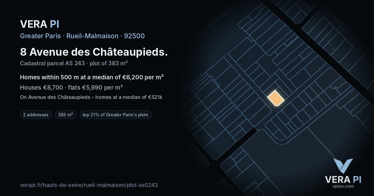 8 Avenue des Châteaupieds, Rueil-Malmaison at night – the plot lit, the parcels around coloured by the prices near them