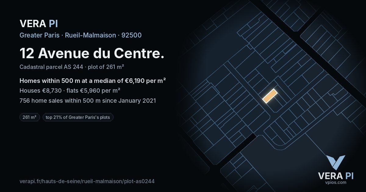 12 Avenue du Centre, Rueil-Malmaison at night – the plot lit, the parcels around coloured by the prices near them
