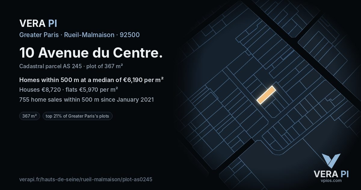 10 Avenue du Centre, Rueil-Malmaison at night – the plot lit, the parcels around coloured by the prices near them