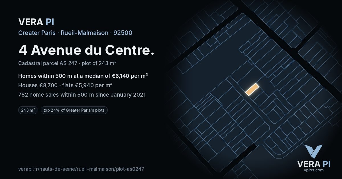 4 Avenue du Centre, Rueil-Malmaison at night – the plot lit, the parcels around coloured by the prices near them
