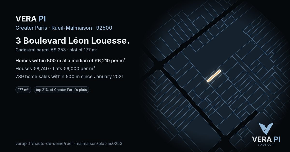 3 Boulevard Léon Louesse, Rueil-Malmaison at night – the plot lit, the parcels around coloured by the prices near them
