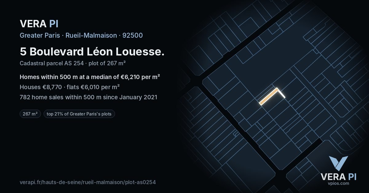 5 Boulevard Léon Louesse, Rueil-Malmaison at night – the plot lit, the parcels around coloured by the prices near them