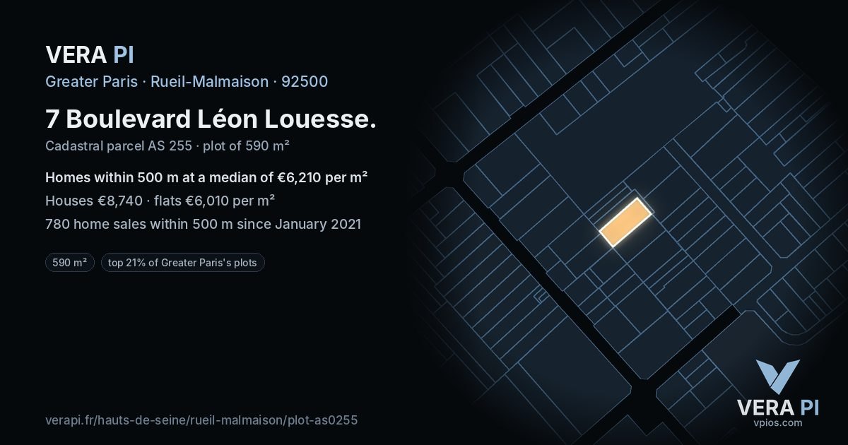 7 Boulevard Léon Louesse, Rueil-Malmaison at night – the plot lit, the parcels around coloured by the prices near them
