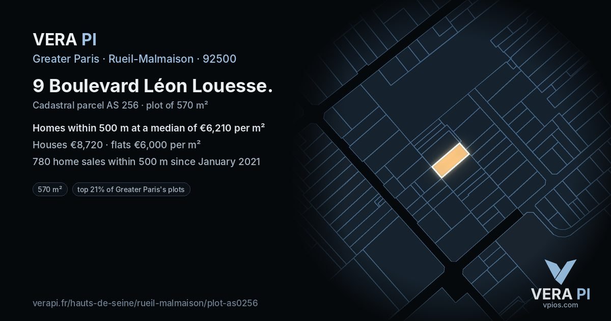 9 Boulevard Léon Louesse, Rueil-Malmaison at night – the plot lit, the parcels around coloured by the prices near them