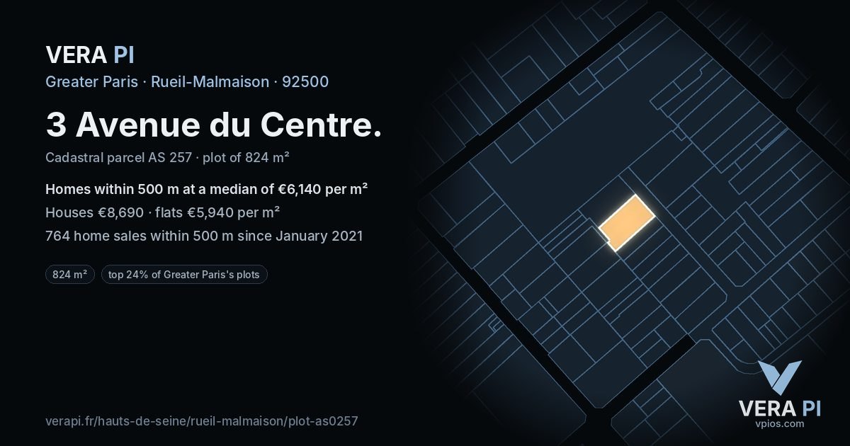 3 Avenue du Centre, Rueil-Malmaison at night – the plot lit, the parcels around coloured by the prices near them