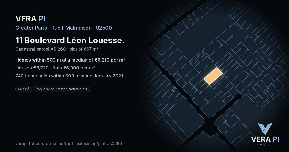 11 Boulevard Léon Louesse, Rueil-Malmaison at night – the plot lit, the parcels around coloured by the prices near them