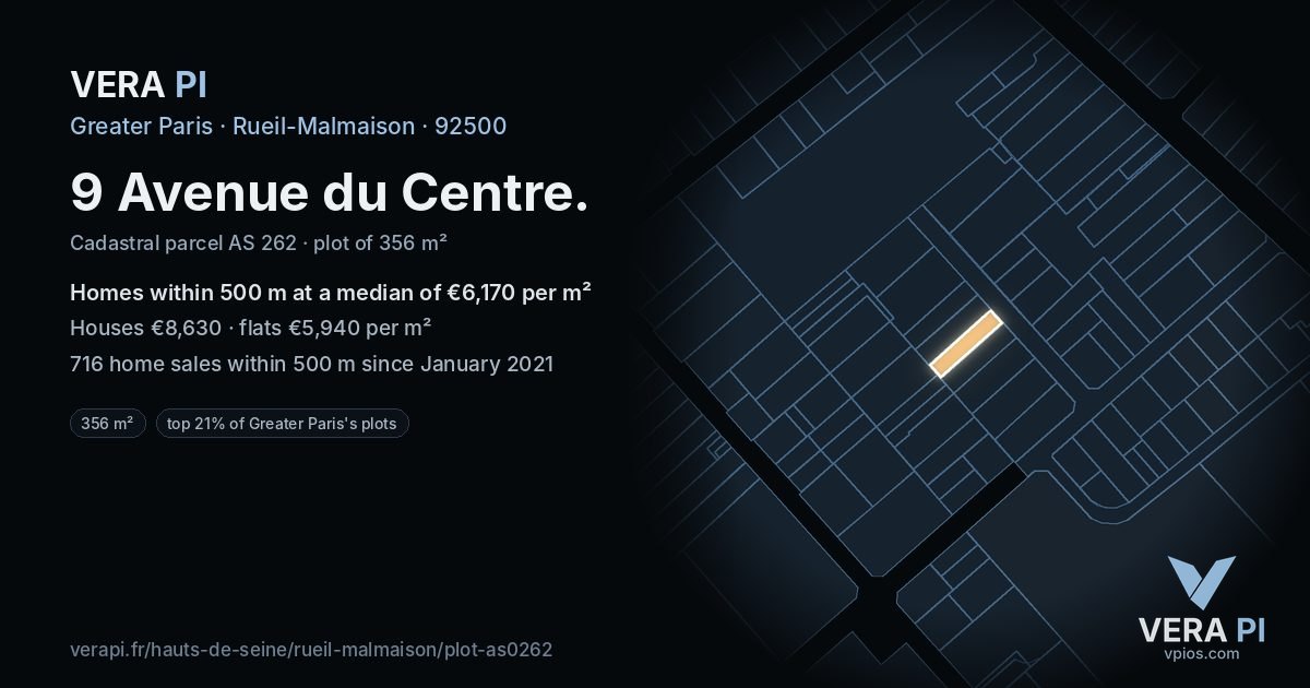 9 Avenue du Centre, Rueil-Malmaison at night – the plot lit, the parcels around coloured by the prices near them