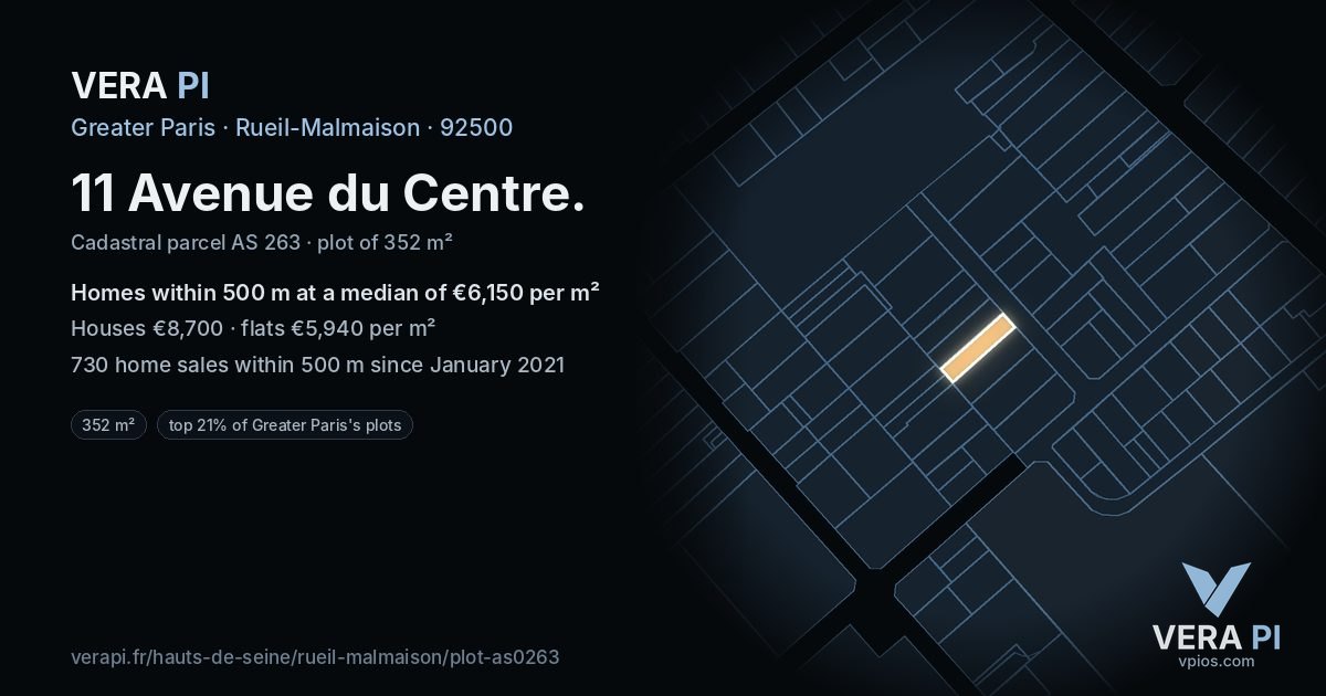 11 Avenue du Centre, Rueil-Malmaison at night – the plot lit, the parcels around coloured by the prices near them