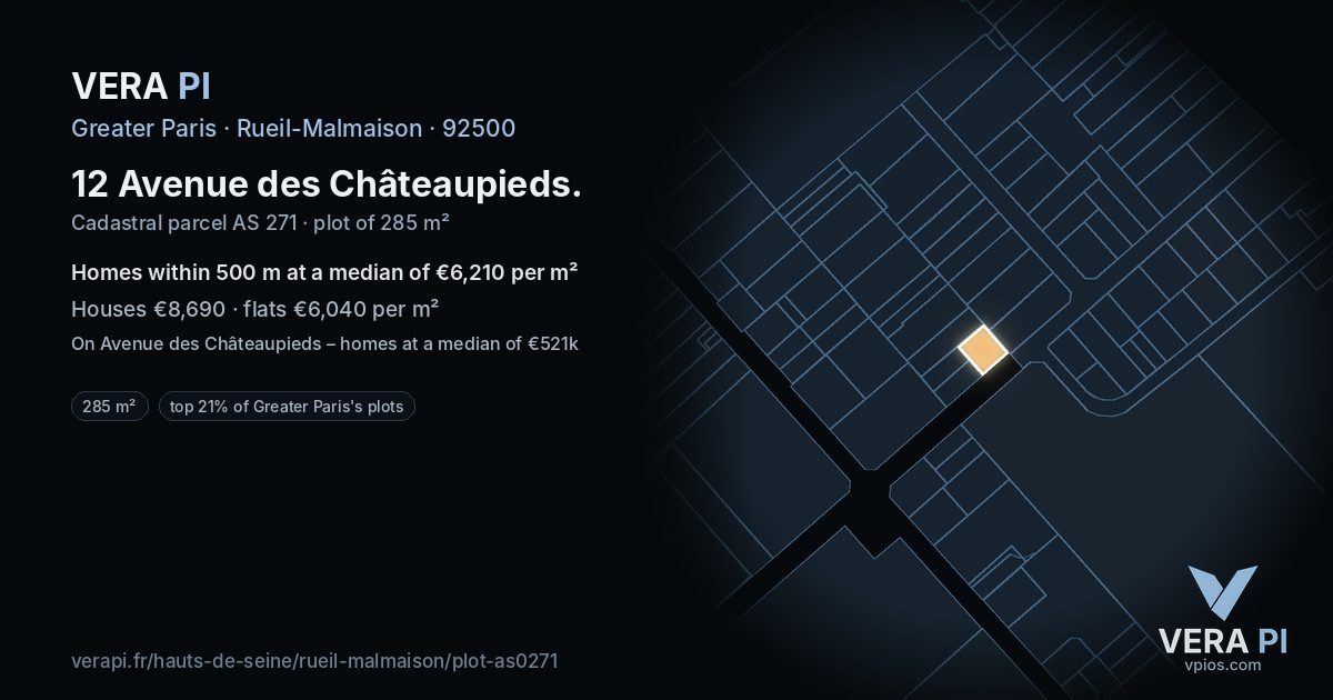 12 Avenue des Châteaupieds, Rueil-Malmaison at night – the plot lit, the parcels around coloured by the prices near them
