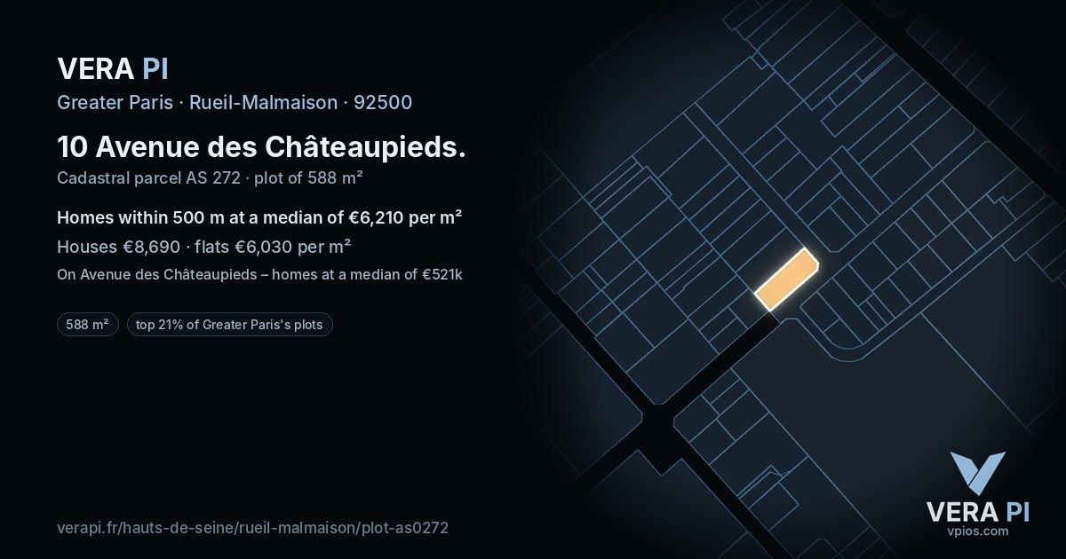 10 Avenue des Châteaupieds, Rueil-Malmaison at night – the plot lit, the parcels around coloured by the prices near them