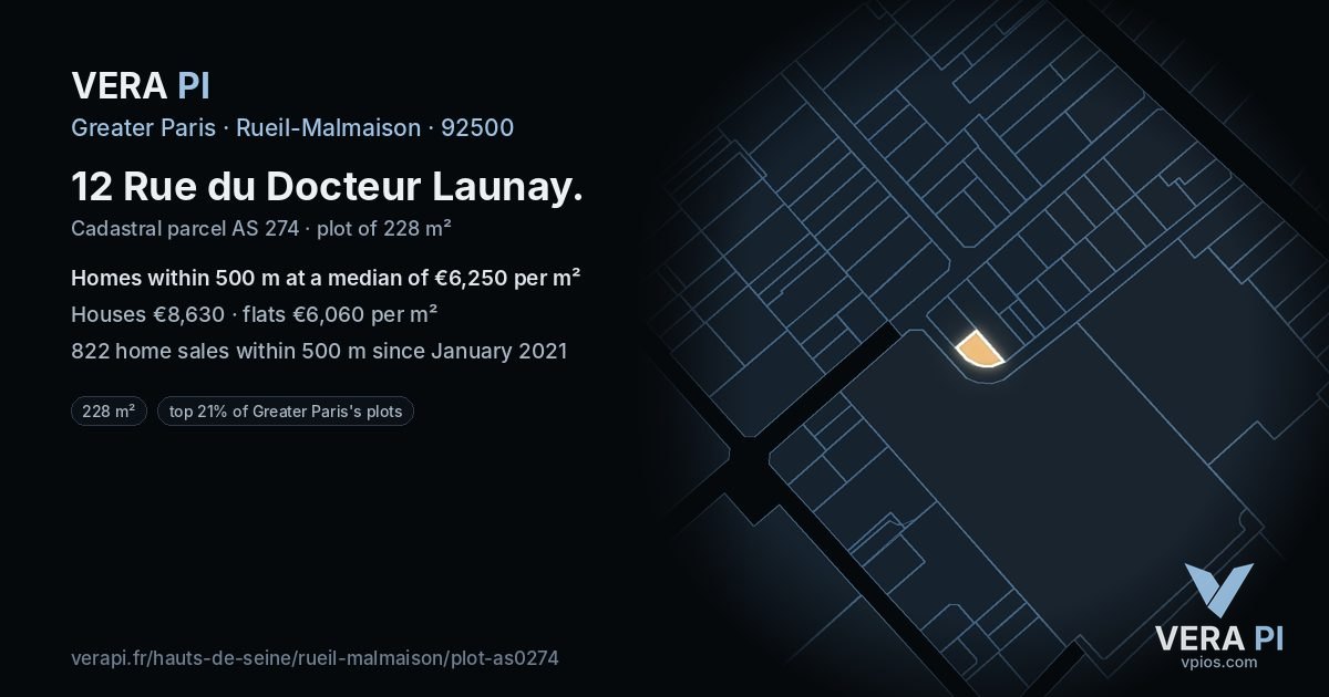 12 Rue du Docteur Launay, Rueil-Malmaison at night – the plot lit, the parcels around coloured by the prices near them