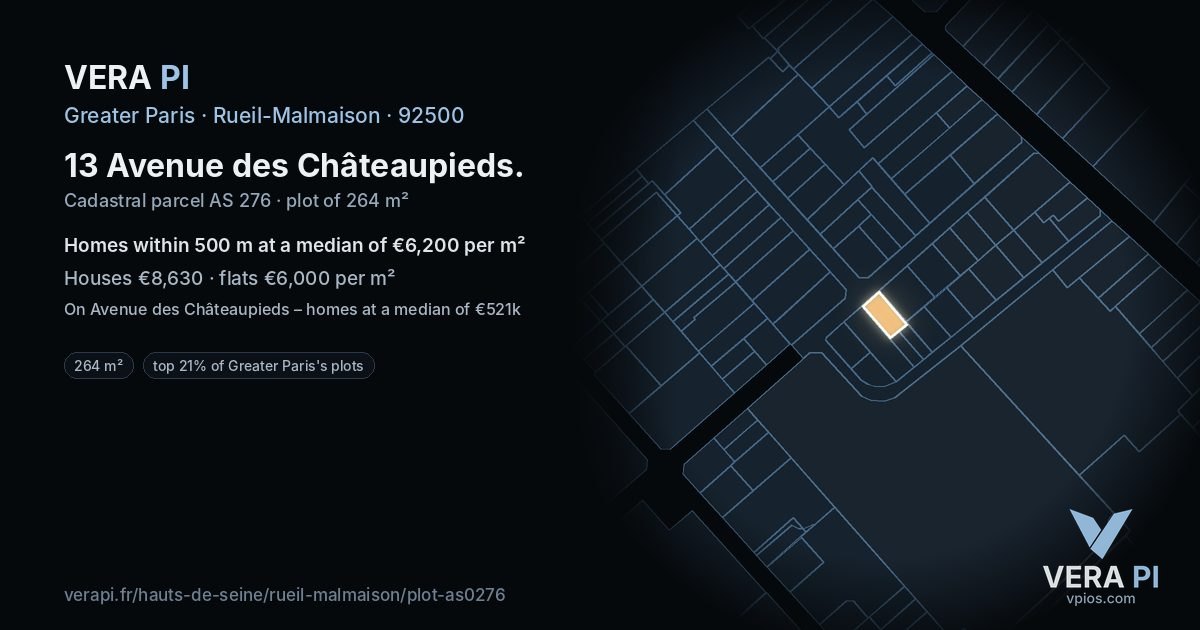 13 Avenue des Châteaupieds, Rueil-Malmaison at night – the plot lit, the parcels around coloured by the prices near them