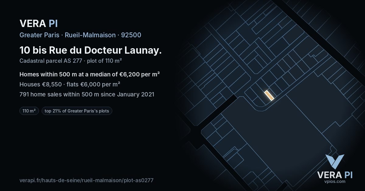 10 bis Rue du Docteur Launay, Rueil-Malmaison at night – the plot lit, the parcels around coloured by the prices near them