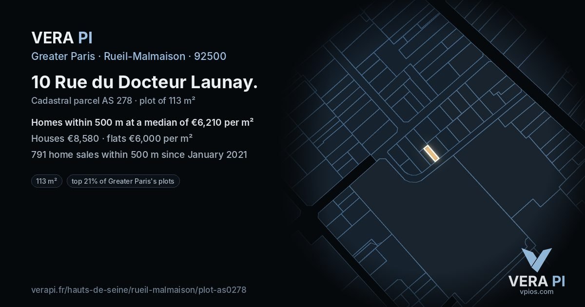 10 Rue du Docteur Launay, Rueil-Malmaison at night – the plot lit, the parcels around coloured by the prices near them