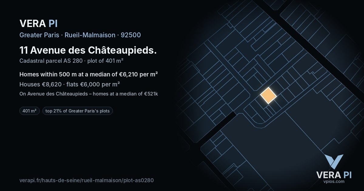 11 Avenue des Châteaupieds, Rueil-Malmaison at night – the plot lit, the parcels around coloured by the prices near them