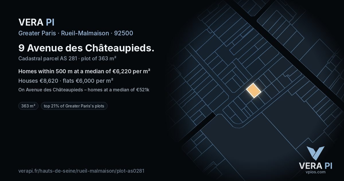 9 Avenue des Châteaupieds, Rueil-Malmaison at night – the plot lit, the parcels around coloured by the prices near them