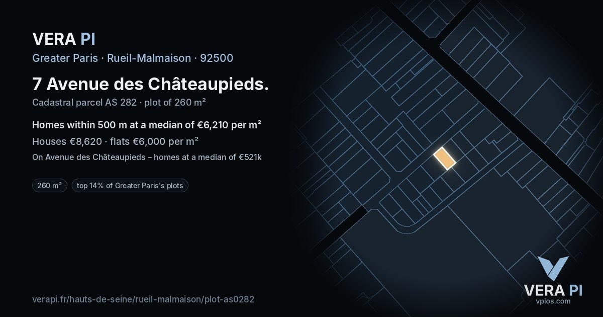 7 Avenue des Châteaupieds, Rueil-Malmaison at night – the plot lit, the parcels around coloured by the prices near them