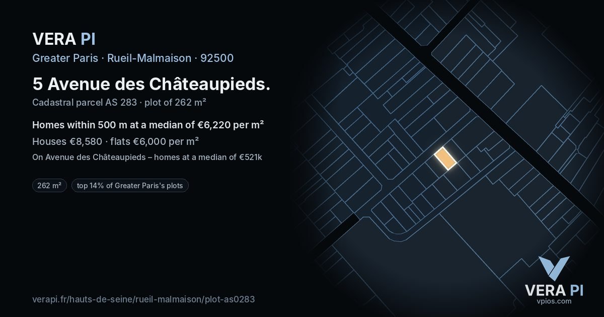 5 Avenue des Châteaupieds, Rueil-Malmaison at night – the plot lit, the parcels around coloured by the prices near them